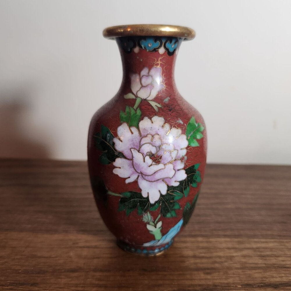 19th Century Fine Chinese Cloisonné Enamel Brass Vase W/ Floral & Bird Motifs 5"